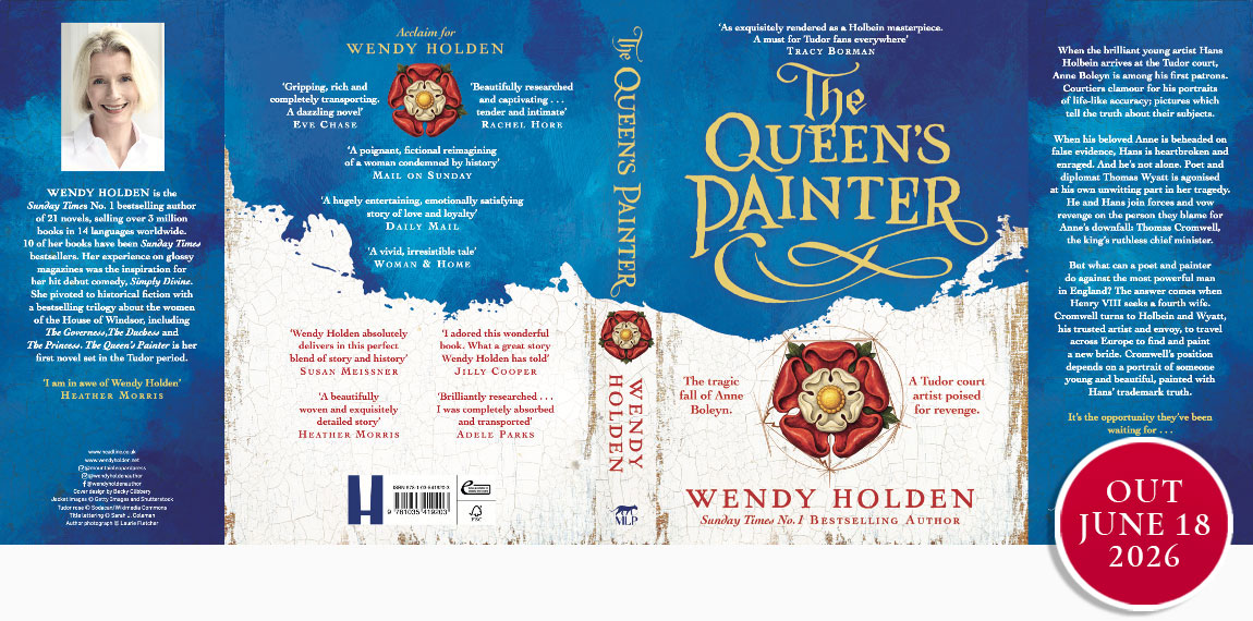 Photograph of Wendy standing beside a painting by Hans Holbein