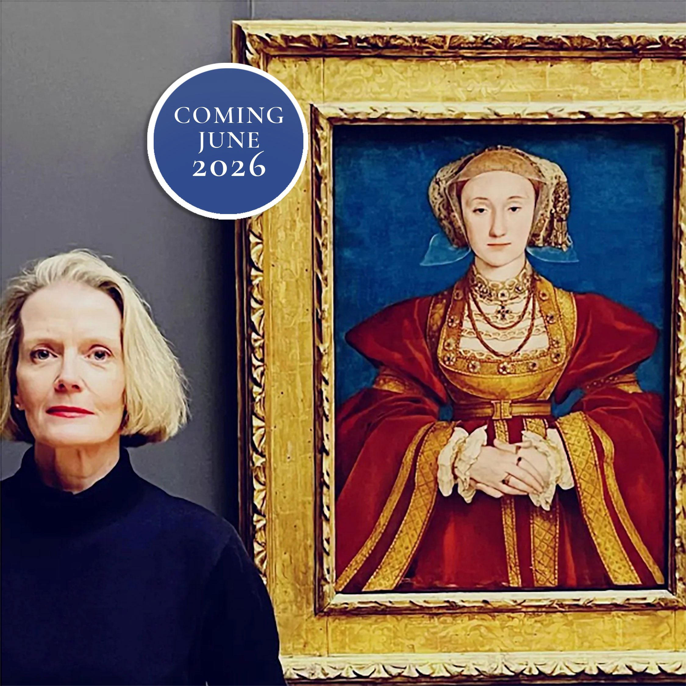 Photograph of Wendy standing beside a painting by Hans Holbein